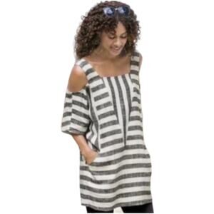 SOFT SURROUNDINGS Sunset Tunic Lagenlook White Black Striped Linen Pockets M
